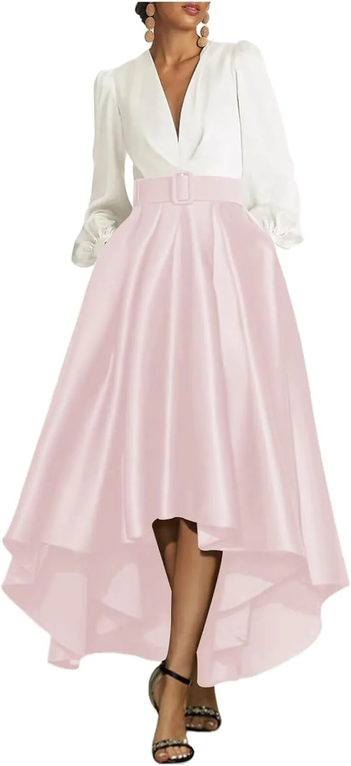 High Low Prom Dresses for Women Long Sleeve Elegant Evening Gown Satin A Line Wedding Guest Dress