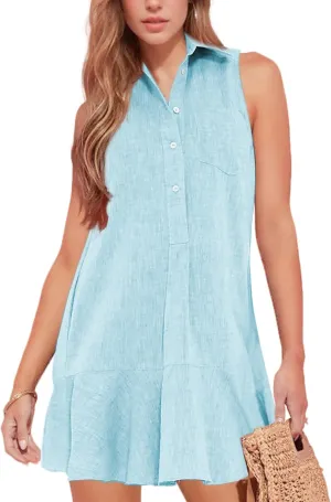 Hixiaohe Women Summer Shirt Dresses Casual Button Down Sleeveless Mini Dress for Women Beach Flowy Short Sundresses