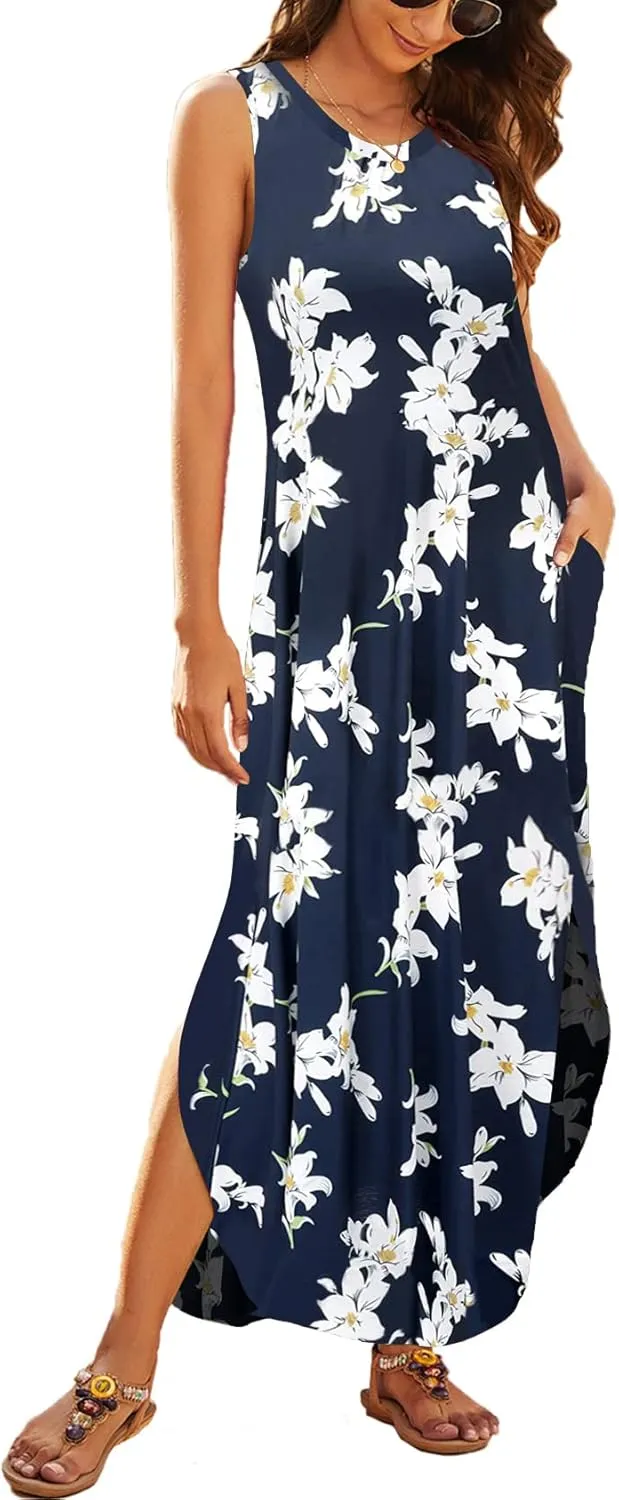 Hount Women's Casual Summer Sleeveless Dress Loose Split Maxi Dresses with Pockets
