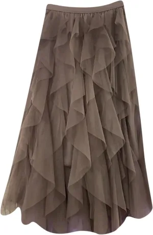 Irregular Tulle Skirts for Women Trendy Elastic High Waist Midi Skirt Mesh Layered Prom Party Flowy A Line Skirts