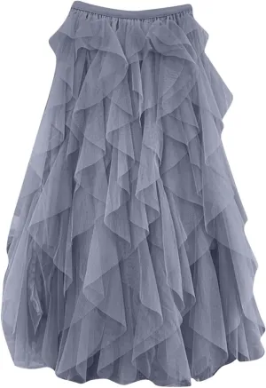 Irregular Tulle Skirts for Women Trendy Elastic High Waist Midi Skirt Mesh Layered Prom Party Flowy A Line Skirts