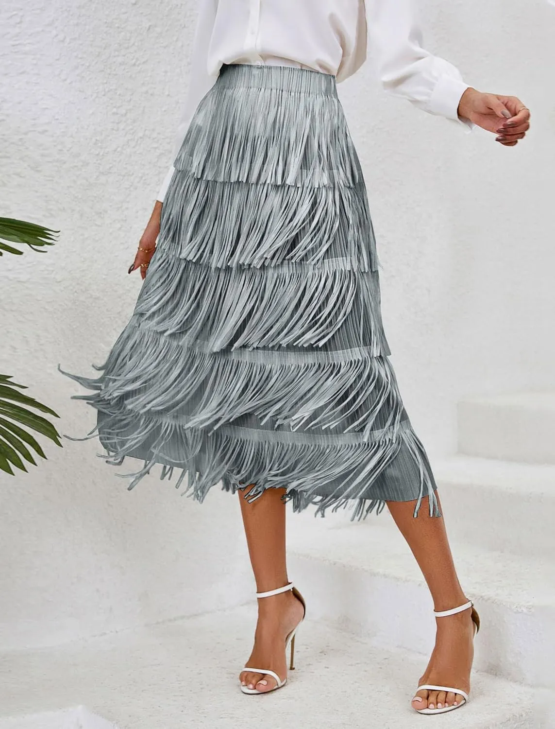 IWEMEK Elastic High Waist Fringe Skirts for Women Tassels Tiered Layered Midi Skirts Fall Christmas Party Casual A-Line Skirt