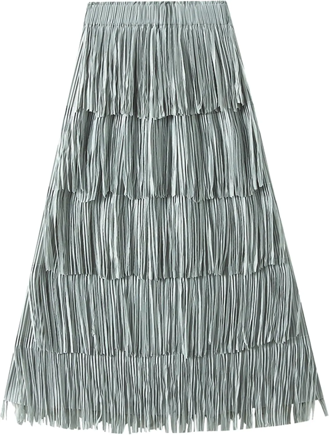 IWEMEK Elastic High Waist Fringe Skirts for Women Tassels Tiered Layered Midi Skirts Fall Christmas Party Casual A-Line Skirt