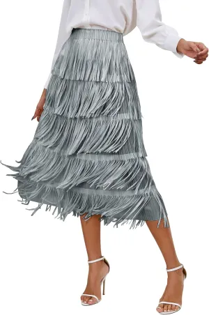 IWEMEK Elastic High Waist Fringe Skirts for Women Tassels Tiered Layered Midi Skirts Fall Christmas Party Casual A-Line Skirt