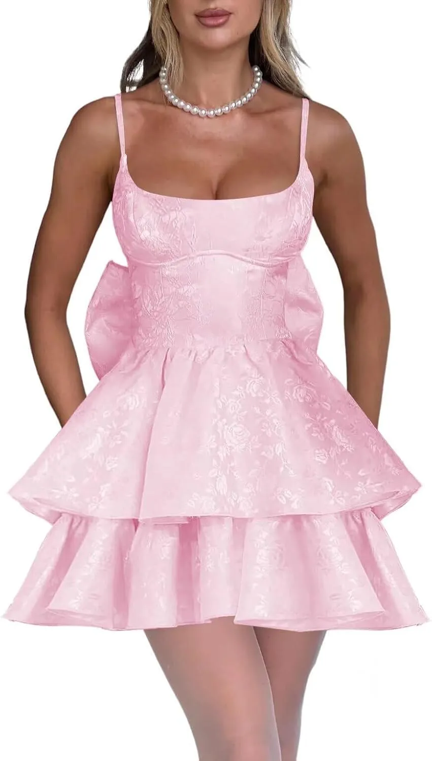 Jacquard Floral Satin Short Prom Dress 2025 Spaghetti Straps Puffy Mini Homeocming Dresses with Bow LAS46