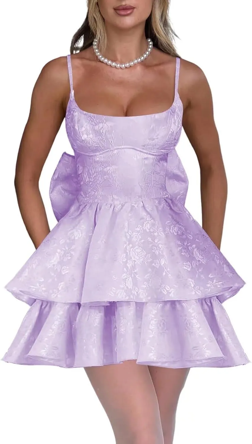Jacquard Floral Satin Short Prom Dress 2025 Spaghetti Straps Puffy Mini Homeocming Dresses with Bow LAS46