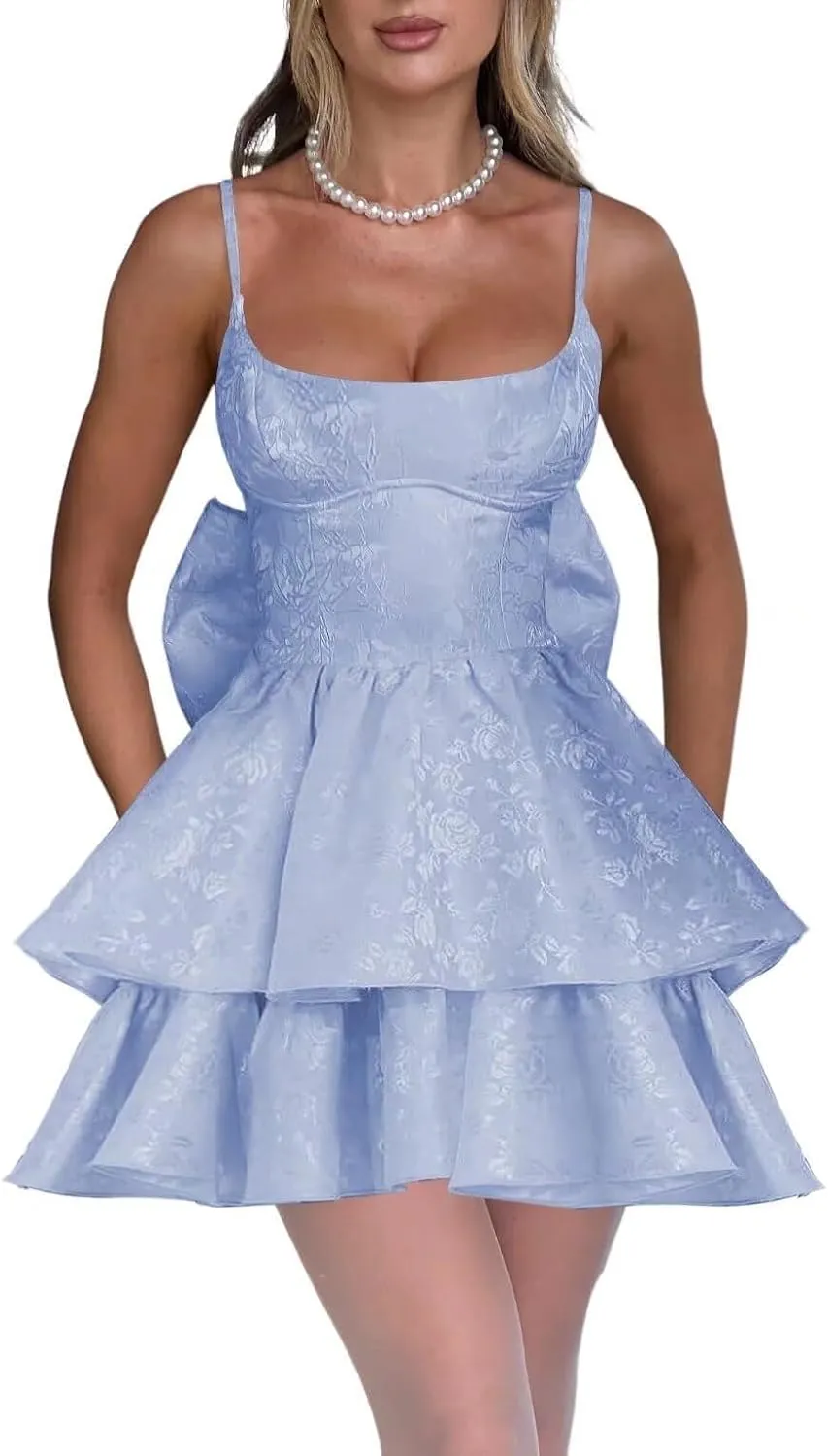Jacquard Floral Satin Short Prom Dress 2025 Spaghetti Straps Puffy Mini Homeocming Dresses with Bow LAS46