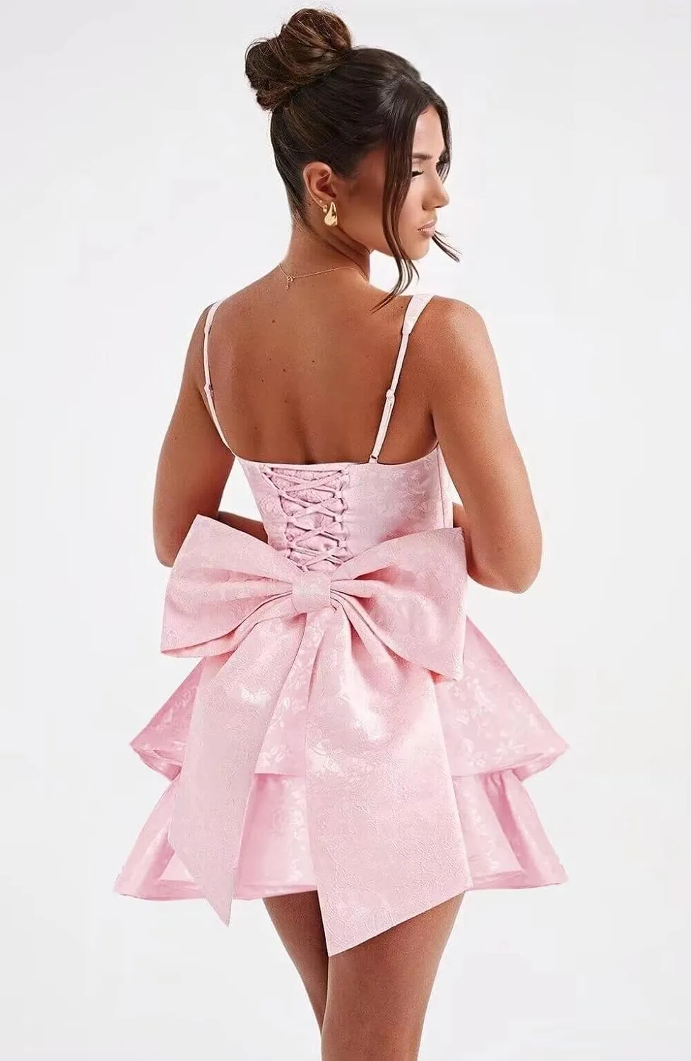 Jacquard Floral Satin Short Prom Dress 2025 Spaghetti Straps Puffy Mini Homeocming Dresses with Bow LAS46