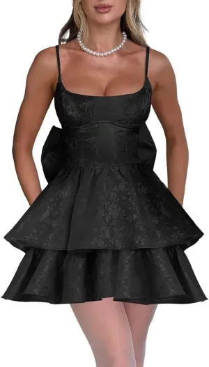 Jacquard Floral Satin Short Prom Dress 2025 Spaghetti Straps Puffy Mini Homeocming Dresses with Bow LAS46