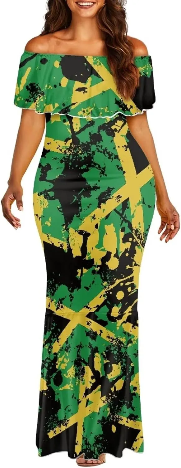 Jamaica Dress for Women Sexy Dresses Woman Off-Shoulder Maxi Dresses Bodycon Short Sleeves Plus Size Sun Dresses