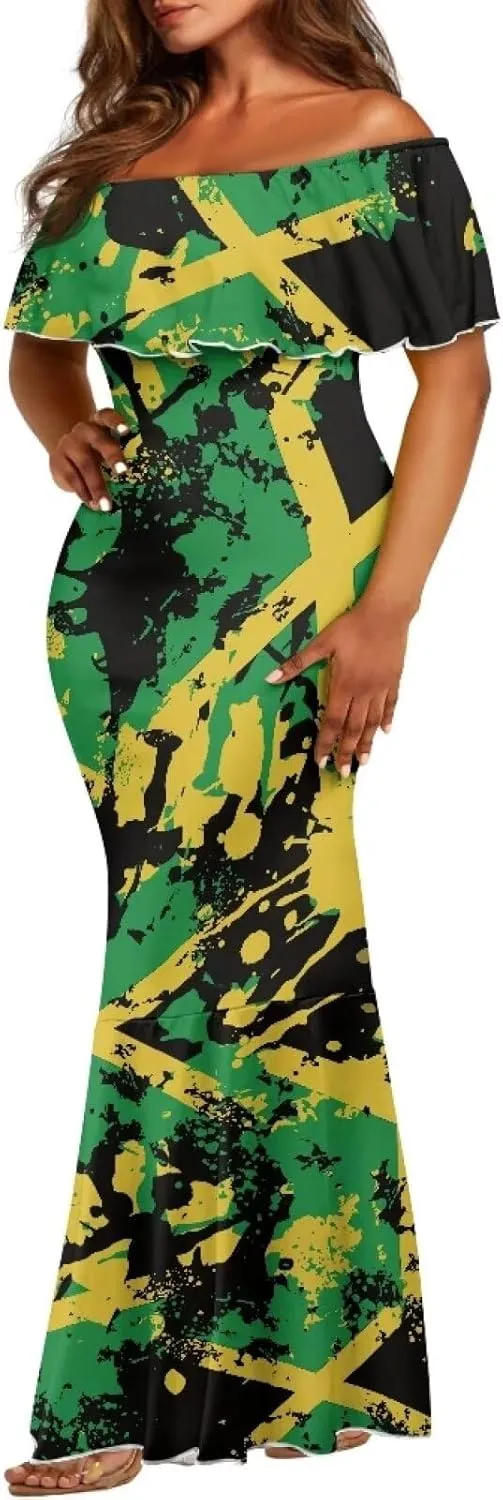 Jamaica Dress for Women Sexy Dresses Woman Off-Shoulder Maxi Dresses Bodycon Short Sleeves Plus Size Sun Dresses