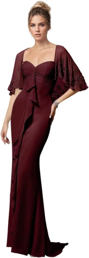 Jamille Chiffon Formal Dresses for Women Lace Applique Prom Dress with Jacket Ruffled Mermaid Ruched Evening Gown JA0258