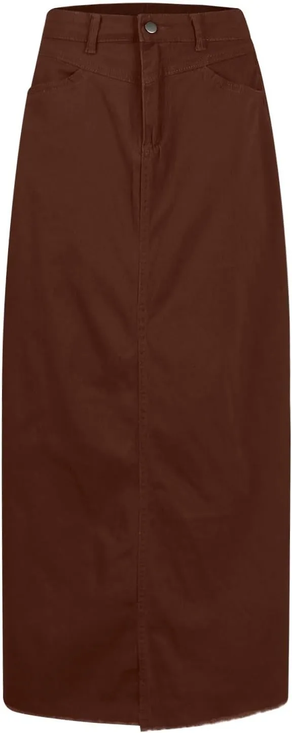 Jean Skirts for Women Denim Long Ankle Maxi Stretch Corduroy A-Line Flare Trendy Skirt with Pockets Panel Skirt