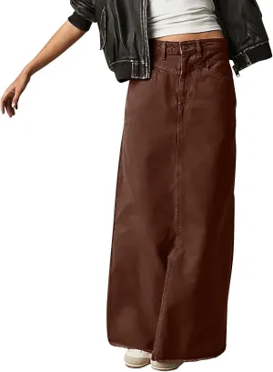 Jean Skirts for Women Denim Long Ankle Maxi Stretch Corduroy A-Line Flare Trendy Skirt with Pockets Panel Skirt