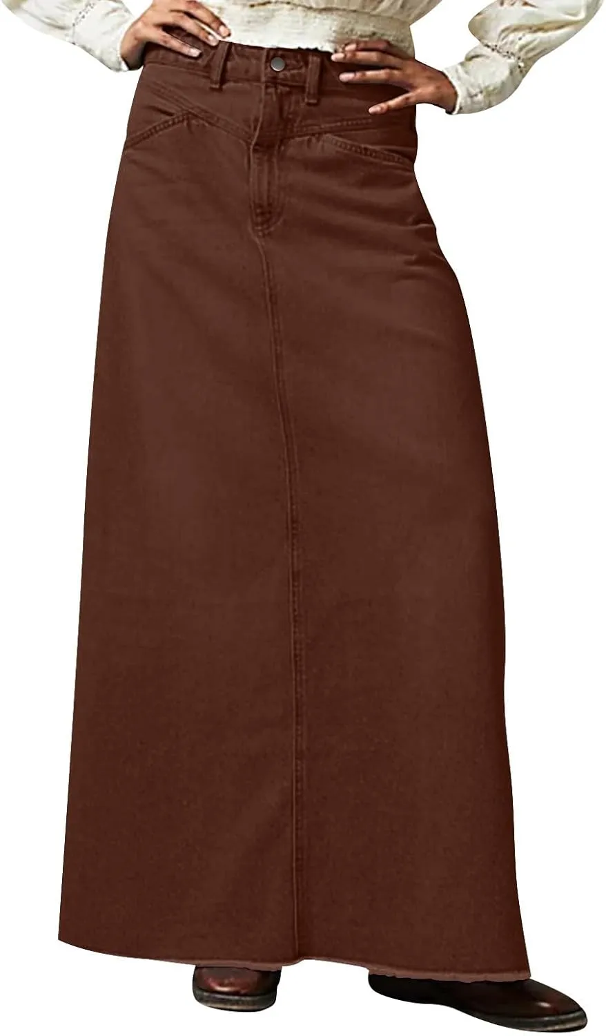 Jean Skirts for Women Denim Long Ankle Maxi Stretch Corduroy A-Line Flare Trendy Skirt with Pockets Panel Skirt