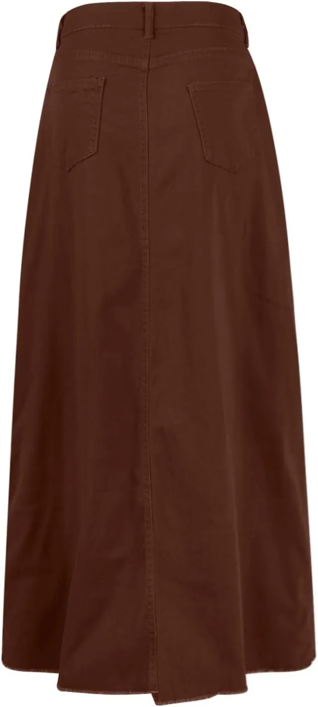 Jean Skirts for Women Denim Long Ankle Maxi Stretch Corduroy A-Line Flare Trendy Skirt with Pockets Panel Skirt
