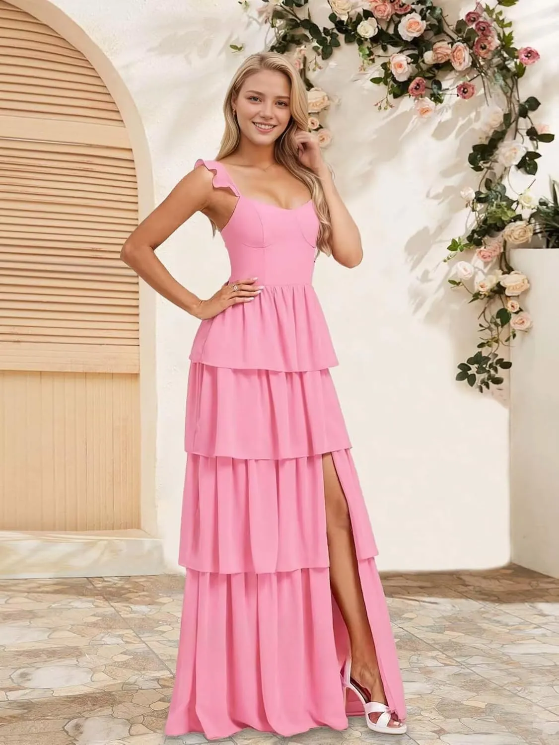 KDTM Tiered Ruffles Bridesmaid Dresses for Women A Line Chiffon Formal Evening Dress Long with Slit KD001