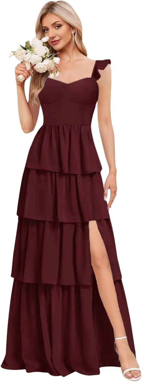 KDTM Tiered Ruffles Bridesmaid Dresses for Women A Line Chiffon Formal Evening Dress Long with Slit KD001