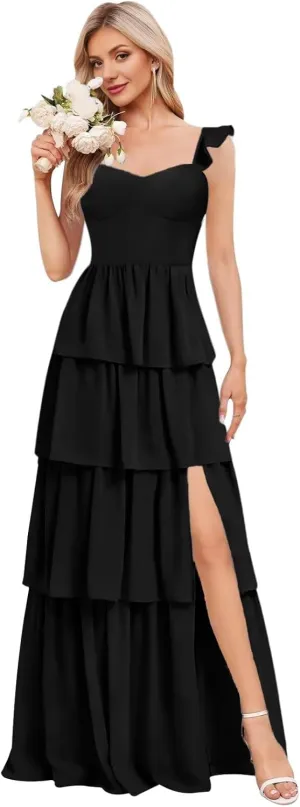 KDTM Tiered Ruffles Bridesmaid Dresses for Women A Line Chiffon Formal Evening Dress Long with Slit KD001
