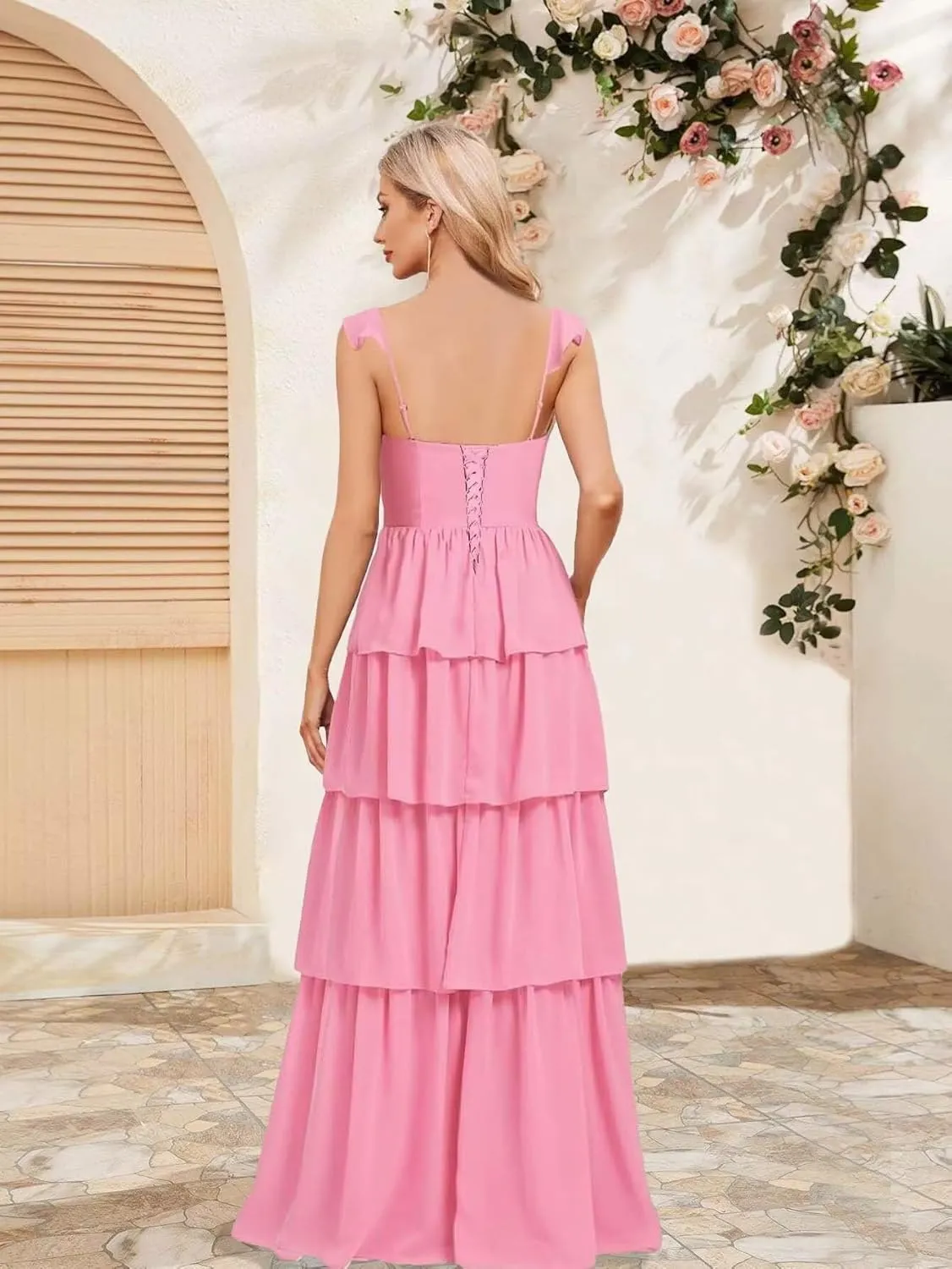 KDTM Tiered Ruffles Bridesmaid Dresses for Women A Line Chiffon Formal Evening Dress Long with Slit KD001