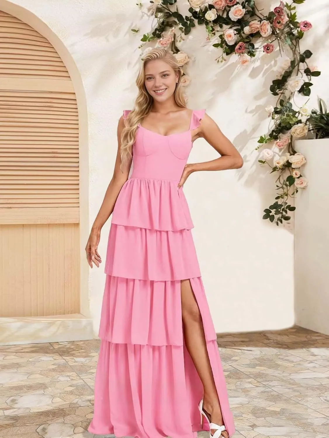 KDTM Tiered Ruffles Bridesmaid Dresses for Women A Line Chiffon Formal Evening Dress Long with Slit KD001