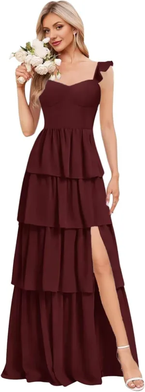 KDTM Tiered Ruffles Bridesmaid Dresses for Women A Line Chiffon Formal Evening Dress Long with Slit KD001