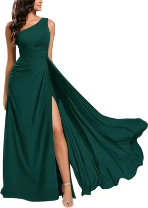 KDTM Women's One Shoulder Bridesmaid Dresses Ruched Chiffon A Line Formal Evening Dress with Slit