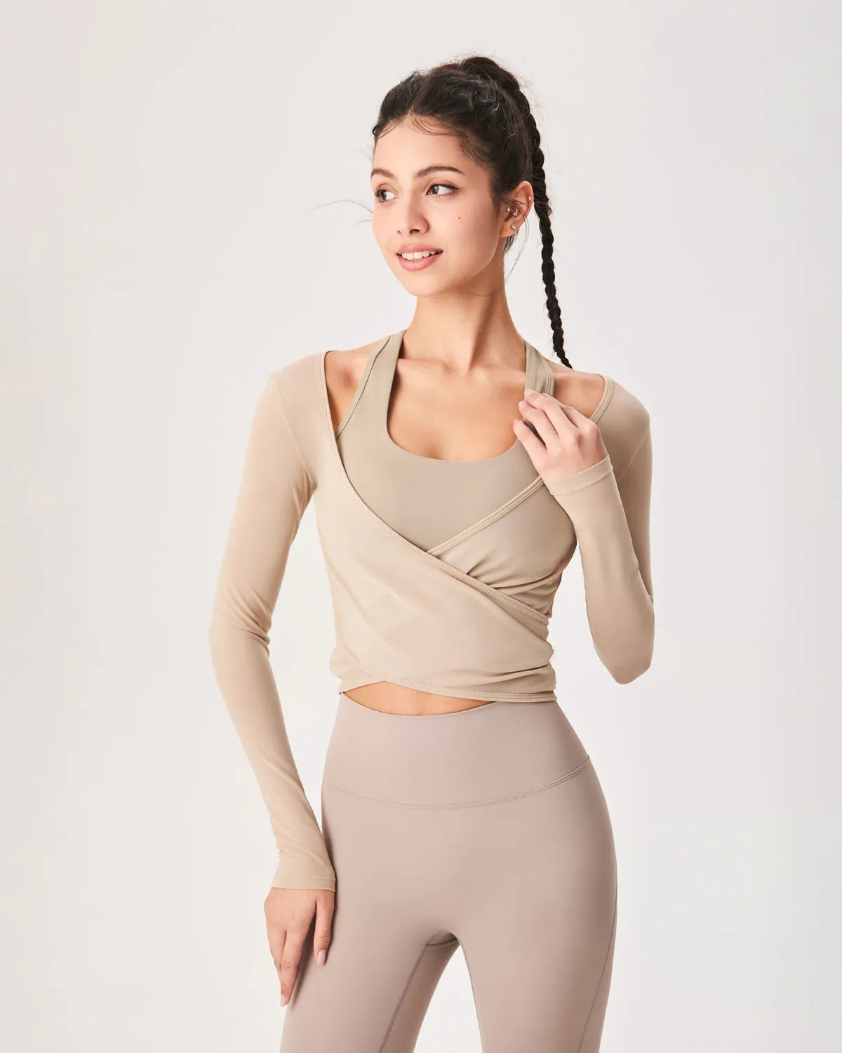 Khaki Surplice Long Sleeve Cover-up - Light Support