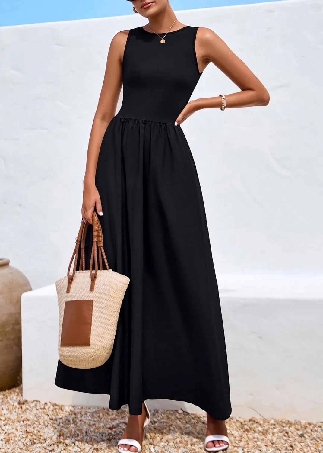 KIRUNDO Summer Dresses for Women 2025 Sleeveless Midi Maxi Dress Tank Patchwork Knit A Line Semi Formal Flowy Long Sundress