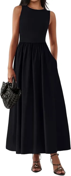 KIRUNDO Summer Dresses for Women 2025 Sleeveless Midi Maxi Dress Tank Patchwork Knit A Line Semi Formal Flowy Long Sundress