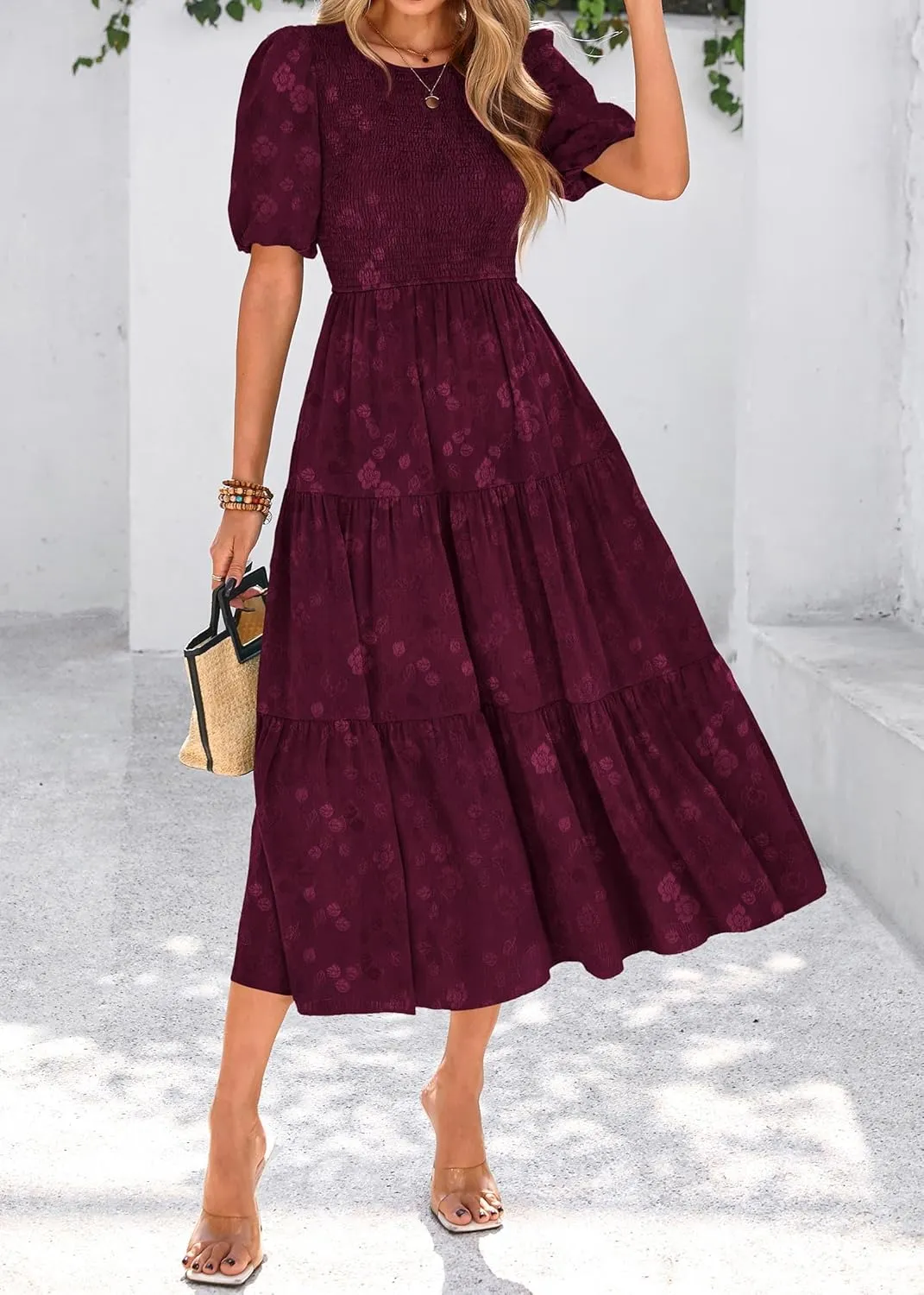 KIRUNDO Womens Summer Dresses Wedding Guest Floral Midi Sundress Short Puff Sleeve Flowy A Line Smocked Tiered Boho Dress