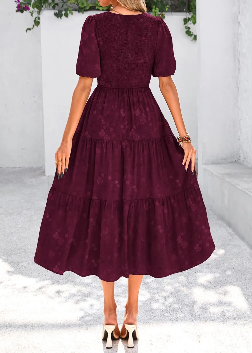 KIRUNDO Womens Summer Dresses Wedding Guest Floral Midi Sundress Short Puff Sleeve Flowy A Line Smocked Tiered Boho Dress