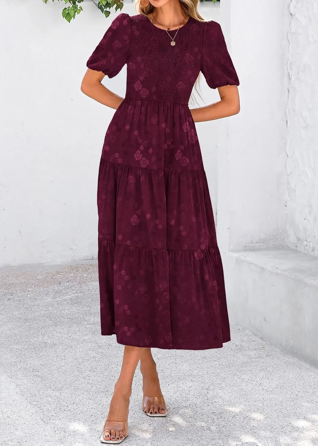 KIRUNDO Womens Summer Dresses Wedding Guest Floral Midi Sundress Short Puff Sleeve Flowy A Line Smocked Tiered Boho Dress