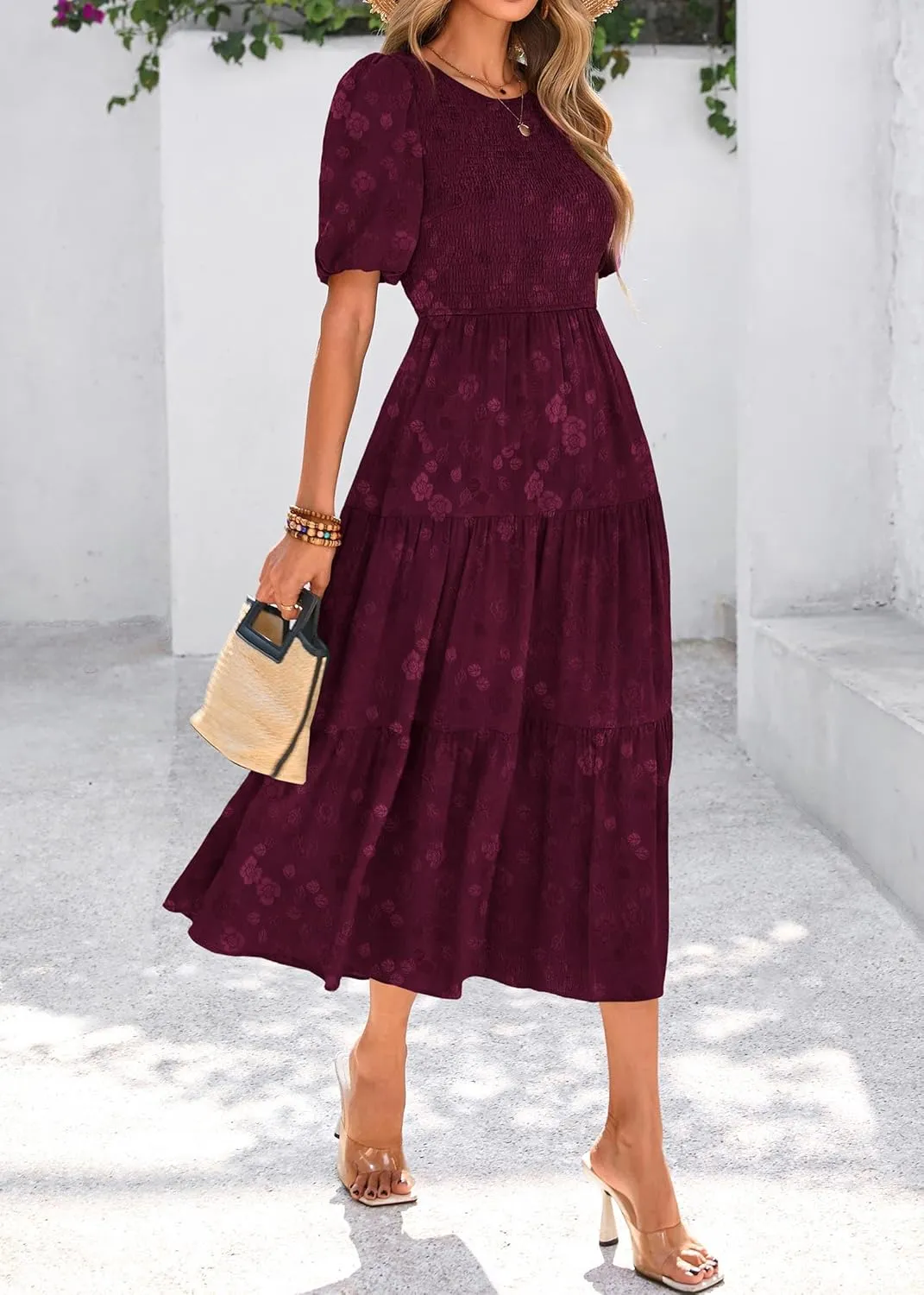 KIRUNDO Womens Summer Dresses Wedding Guest Floral Midi Sundress Short Puff Sleeve Flowy A Line Smocked Tiered Boho Dress