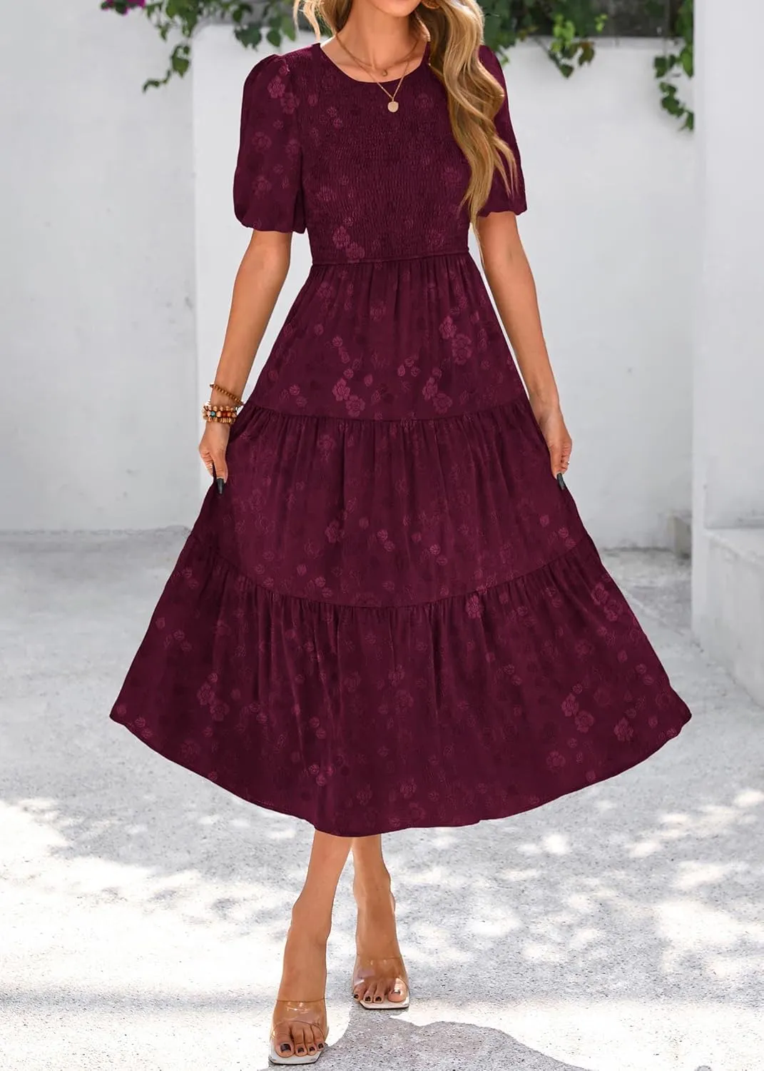 KIRUNDO Womens Summer Dresses Wedding Guest Floral Midi Sundress Short Puff Sleeve Flowy A Line Smocked Tiered Boho Dress
