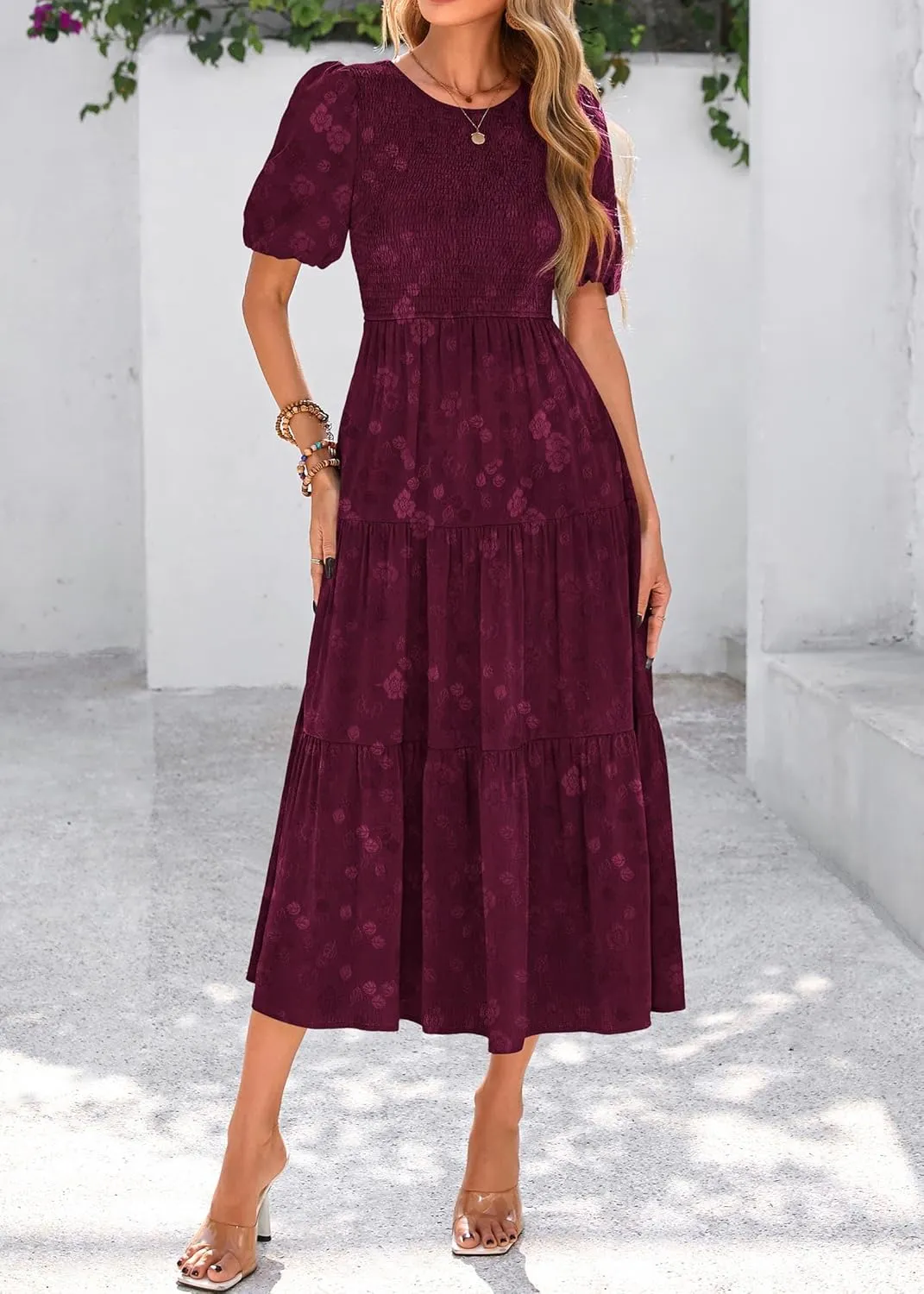 KIRUNDO Womens Summer Dresses Wedding Guest Floral Midi Sundress Short Puff Sleeve Flowy A Line Smocked Tiered Boho Dress