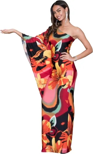 KOH KOH Womens Long One Shoulder Hawaiian Flower Print Summer Cocktail Maxi Dress Gown