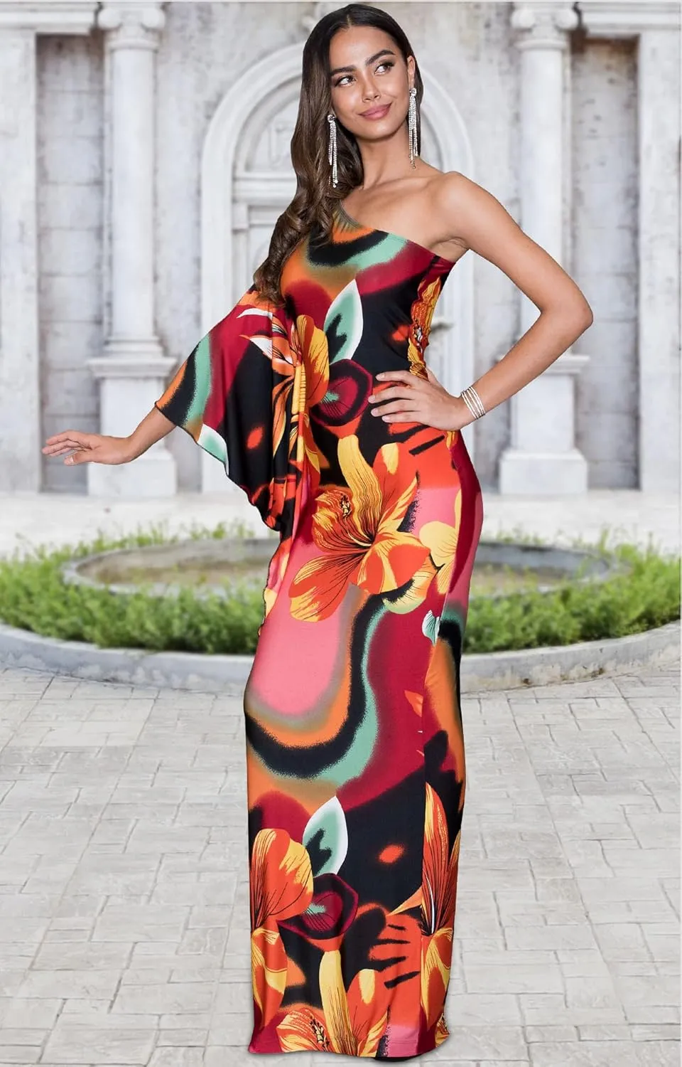 KOH KOH Womens Long One Shoulder Hawaiian Flower Print Summer Cocktail Maxi Dress Gown
