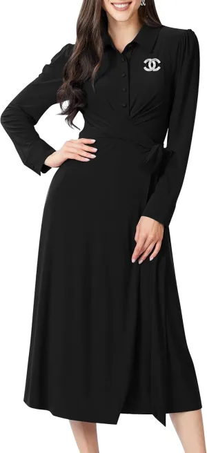 KOH KOH Womens Long Sleeve Flowy Wrap Collar Fall Modest Work Office Midi Dress