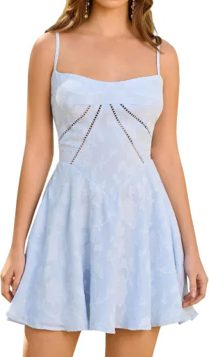 KUTUMAI Summer Floral Mini Dress Cutout Lace Up Short Graduation Dresses for Women Ruffle Flowy Beach Vacation Sundress
