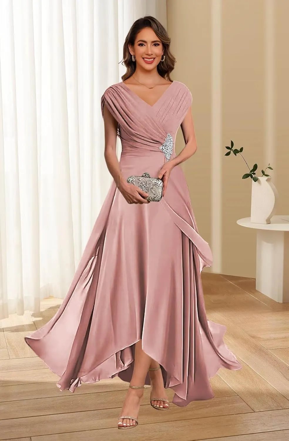 Lace Applique Chiffon Mother of The Bride Dresses Cap Sleeves Evening Gown V Neck Formal Dress for Wedding QA213