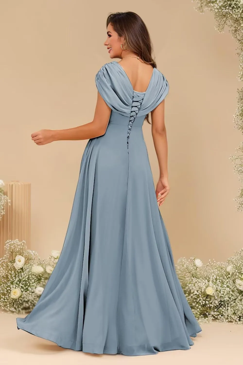 Lace Applique Chiffon Mother of The Bride Dresses Cap Sleeves Evening Gown V Neck Formal Dress for Wedding QA213