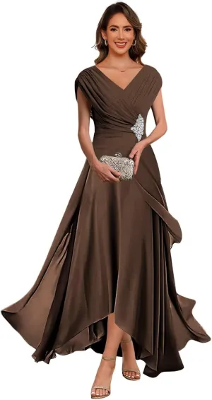 Lace Applique Chiffon Mother of The Bride Dresses Cap Sleeves Evening Gown V Neck Formal Dress for Wedding QA213