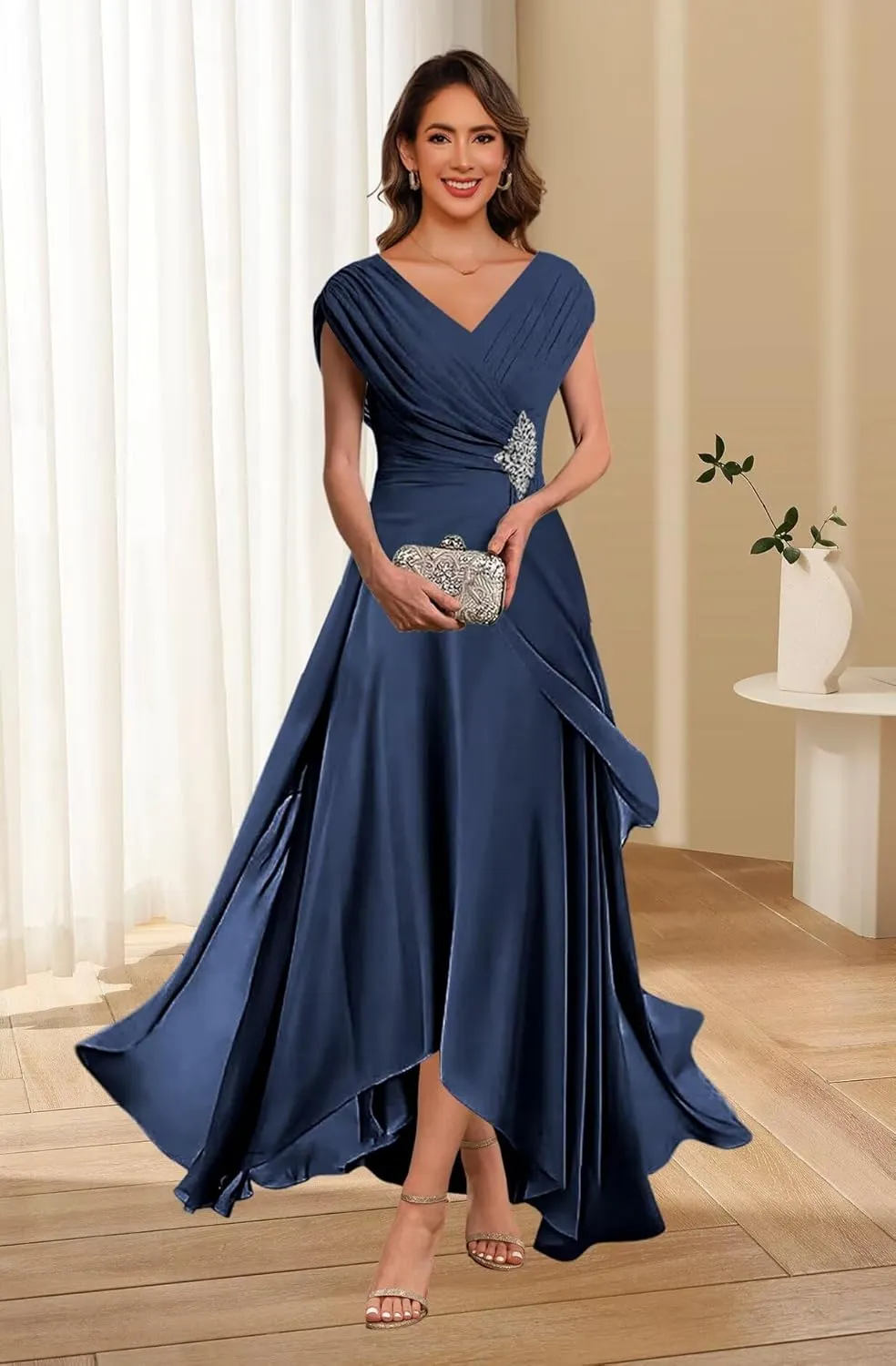 Lace Applique Chiffon Mother of The Bride Dresses Cap Sleeves Evening Gown V Neck Formal Dress for Wedding QA213