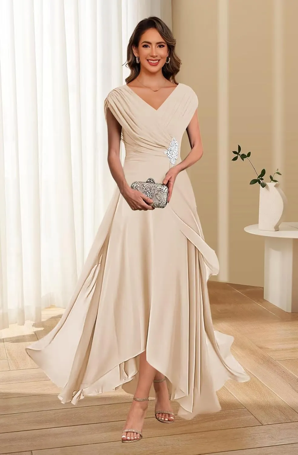 Lace Applique Chiffon Mother of The Bride Dresses Cap Sleeves Evening Gown V Neck Formal Dress for Wedding QA213