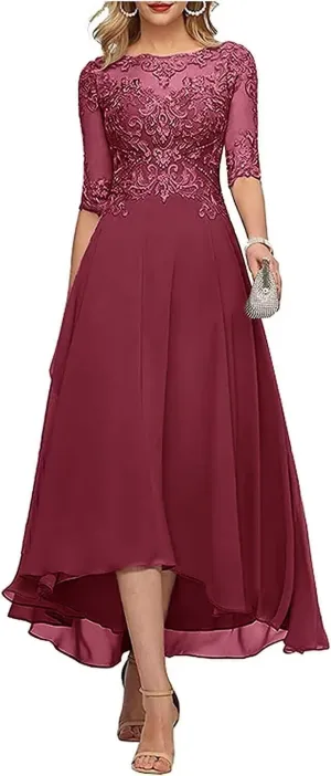 Lace Applique Mother of The Bride Dresses for Wedding Tea Length Half Sleeve Beaded Chiffon Formal Evening Dress