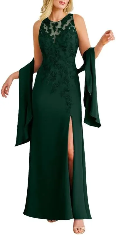 Lace Applique Mother of The Bride Dresses for Wedding Women's Long Chiffon Beaded Formal Evening Gown with Slit