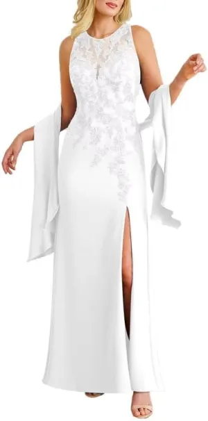 Lace Applique Mother of The Bride Dresses for Wedding Women's Long Chiffon Beaded Formal Evening Gown with Slit