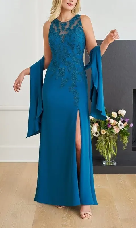 Lace Applique Mother of The Bride Dresses for Wedding Women's Long Chiffon Beaded Formal Evening Gown with Slit
