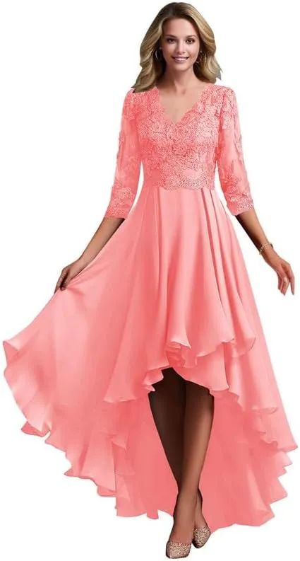 Lace Appliques Mother of The Bride Dresses for Wedding Tea Length Chiffon Formal Evening Dresses